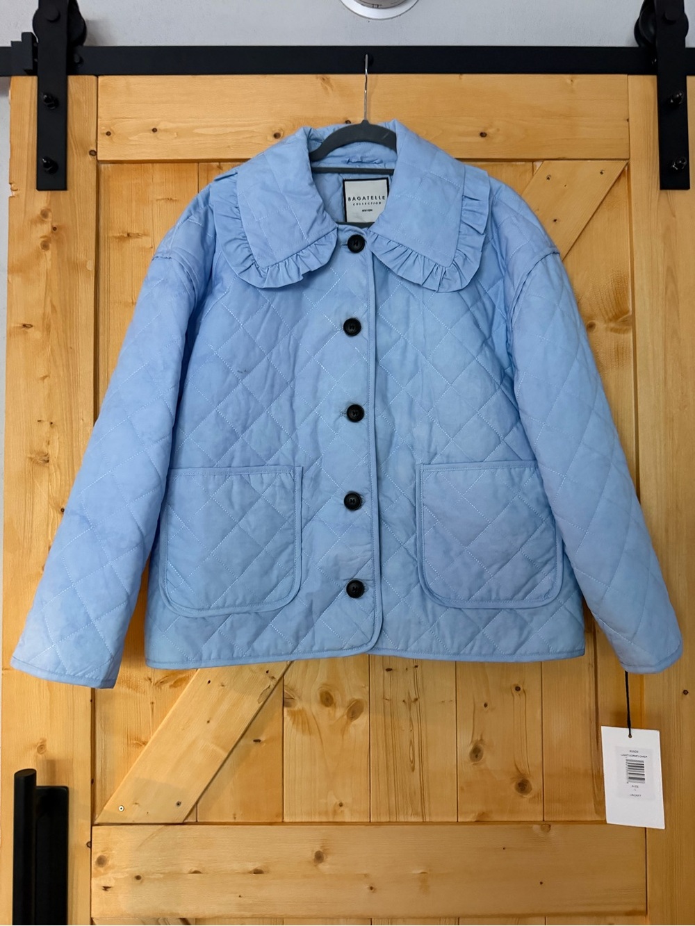 NWT Bagatelle Ruffled Collar Diamond Quilted Jacket Light Cornflower Blue L